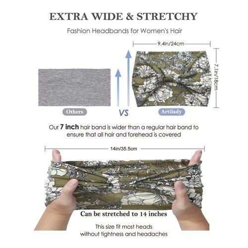 Artilady Boho Headbands for Women-Extra Wide Headband Non Slip Floral Print Head Wrap for Black Women's Hair Soft Elastic Yoga Workout Exercise Bohemian Hair Accessories 6 PCS