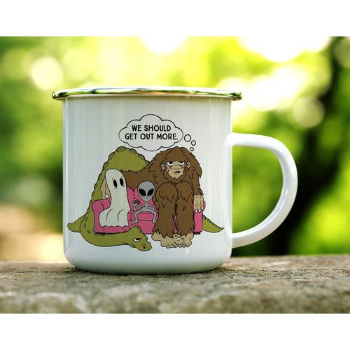 Funny Bigfoot Sasquatch Alien Ghost Loch Ness Monster Enamel Campfire Mug, Paranormal Cryptid Cryptozoology Gift, Outdoor Camping Coffee Cup (12oz)