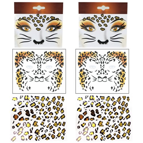 CBLUO 6 Pcs Halloween Temporary Stickers Leopard Cat Face Gems Jewels Women Rhinestone Masquerade Face Tattoos Crystal Makeup Sticker Glitter Holiday Festival Dress Up Cosplay Birthday Party Supplies