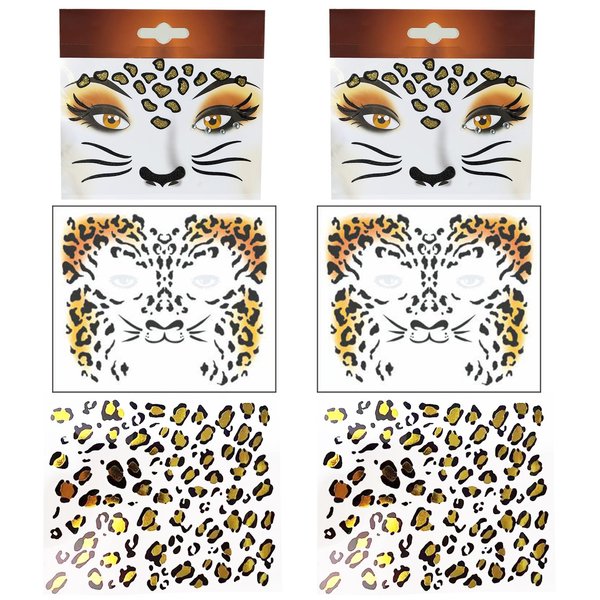 CBLUO 6 Pcs Halloween Temporary Stickers Leopard Cat Face Gems Jewels Women Rhinestone Masquerade Face Tattoos Crystal Makeup Sticker Glitter Holiday Festival Dress Up Cosplay Birthday Party Supplies