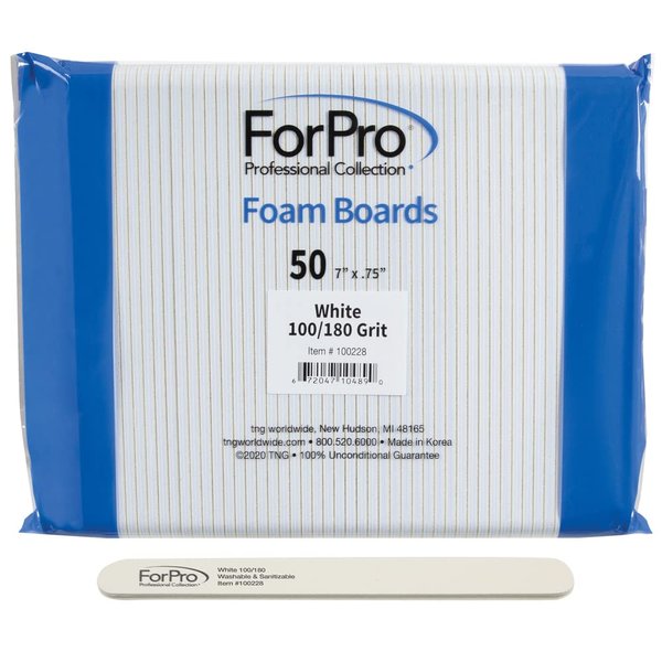 ForPro Professional Collection Nail Foam Boards, White, 100/180 Grit, Double-Sided Manicure and Pedicure Nail Files, 7” L x .75” W, 50-Count