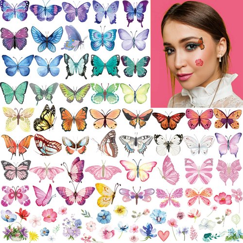 Onogola 100Pcs Butterfly Temporary Tattoos for Kids Women Girls, Fake Colorful Butterflies Wings Flower Tattoo Stickers Art Waterproof for Face Body Arm Birthday Party Favors Makeup Supplies Gifts