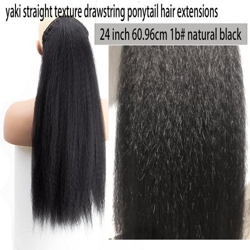 Long Kinky Straight Drawstring Ponytail Black 24 inch Yaki Straight Drawstring Ponytail Extension Synthetic Hair Clip in Ponytail Hair Extensions for Women 1B# Natural Black