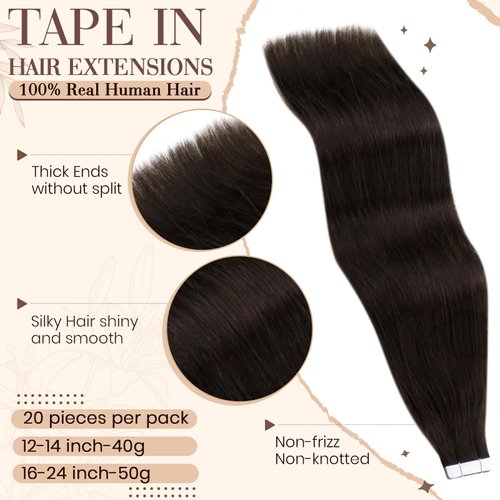 Hetto Tape in Hair Extensions #2 Darkest Brown Tape in Extensions Real Human Hair 22 Inch Silky Remy Hair Tape in Extensions Straight 22 Inch 50g 20Pcs