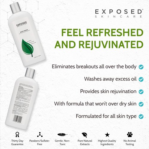 Exposed Skin Care Body Wash - Back and Body Acne Wash with Salicylic Acid and Tea Tree Oil – Exfoliating Bacne Treatment for Clearer, Healthier Skin – Body Cleanser for All Skin Types (12 fl oz)