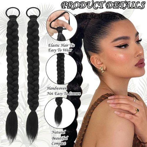 2Pcs Braided Ponytail Extensions with Hair Ties Soft Synthetic Hair Pieces Straight Wrap Around Hair Extensions Pony Tail Hairpieces Accessories for Women Daily Wear 16 Inch (Natural Black)