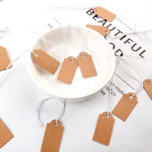 200 Pcs Price Tags, Small Tags with Elastic String, Jewelry Price Tags Writable Kraft Gift Tags for Clothes Jewelry (Brown,1.02×0.47inch)
