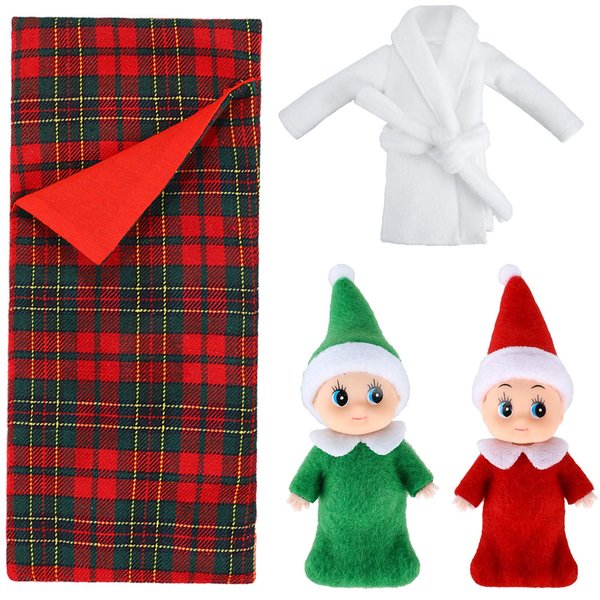Skylety 2 Pieces Christmas Elf Dolls Baby Twins Red Green and 1 Pieces Christmas Elf Doll Sleeping Bag Red Plaid and 1 Pieces Elf Doll Bathrobe White Xmas Accessories for Elf Dolls