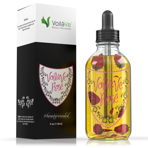 VoilaVe Organic Rose Multi-Use Oil, Moisturizer for Face, Body, Hair - Vitamin E, Sweet Almond Oil Blend - Dry Skin, Scalp, Nail Care - Infused with Rose Petals & Bergamot Essential Oil - 4 Fl Oz