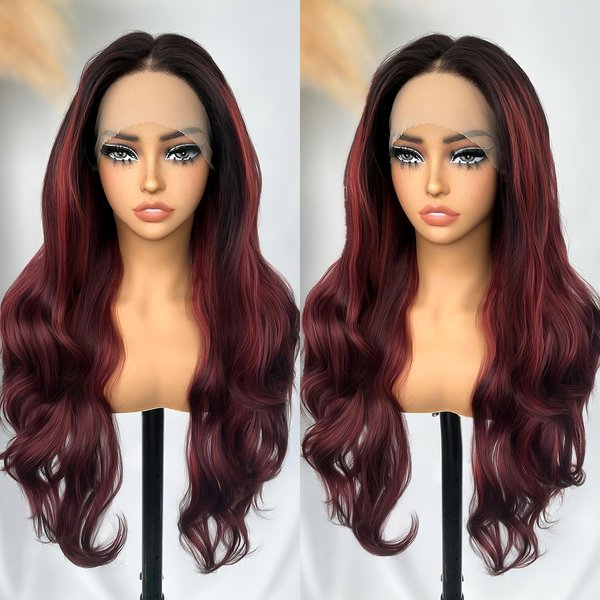 SOKU Highlights Burgundy Wig for Women 30 Inch Red Long Body Wave Wigs T Part Transparent Swiss Lace Front Synthetic Wig Soft Yaki Blend
