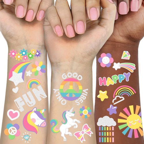 118 PCS Rainbow Unicorn Temporary Tattoo Kids, Pride Tattoo Groovy Glitter Crown Fake Tattoo for Girls’ Party Supplies Kids' Birthday Supplies, Waterproof Tattoo Sticker for 6 7 8 9 10 years old