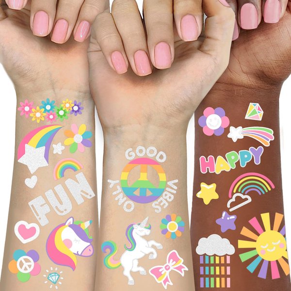 118 PCS Rainbow Unicorn Temporary Tattoo Kids, Pride Tattoo Groovy Glitter Crown Fake Tattoo for Girls’ Party Supplies Kids' Birthday Supplies, Waterproof Tattoo Sticker for 6 7 8 9 10 years old