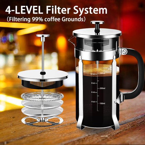 YMMIND French Press Coffee Maker 304 Stainless Steel Coffee Press,with 4 Filters System, Heat Resistant Thickness Borosilicate French Press Glass, BPA-Free Brewed Tea Pot Coffee Plunger