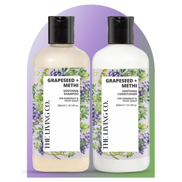 THE LIVING CO Soothing Shampoo & Conditioner With Grapeseed + Methi For Dandruff & Itchy Scalp - 600ml