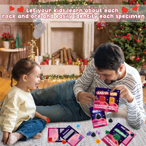 Lionoble Valentines Day Gifts for Kids, 28 Pack Valentines Cards with Rocks Bulk, Ore Minerals Rocks Collection Kit, Valentine Exchange Card for Girls Boys School Class Classroom Party Favors