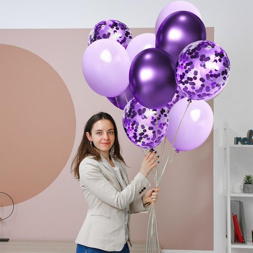 Purple and Confetti Balloons 66 Pcs 12inches Lavender Lilac Latex Balloons and 2 Roll of Purple Ribbon for Birthday Wedding Children's Parties Decorations