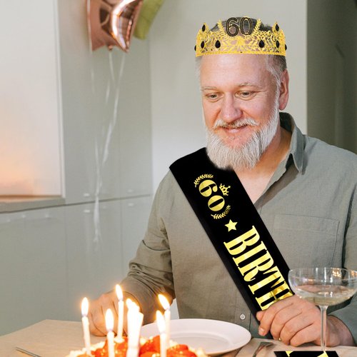 CIEHER 60th Birthday Sash & 60th Birthday King Crown for Men，60th Birthday Crowns for Men King Tiara 60th Birthday King Sash, 60th Birthday Gifts For Men, 60th Birthday Decorations Men