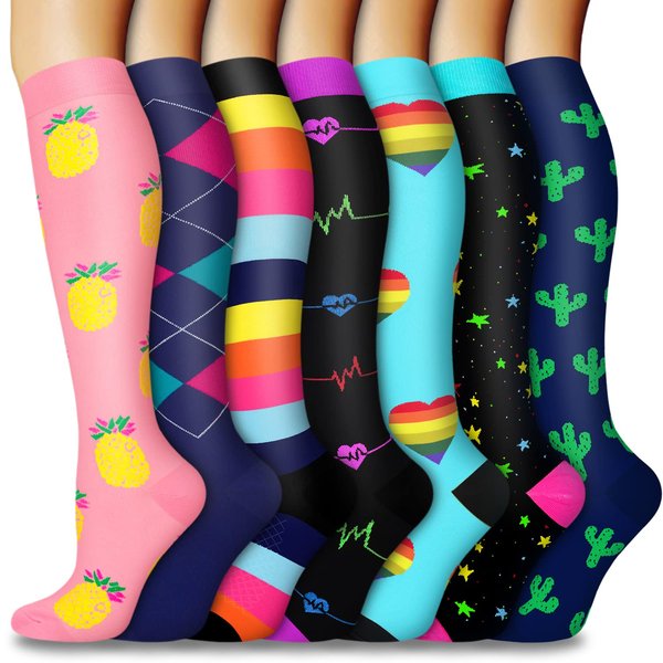 CTHH 7 Pairs Compression Socks for Women & Men Circulation Support Knee High Socks (04 Navy/Yellow/Black/Star, Small-Medium)