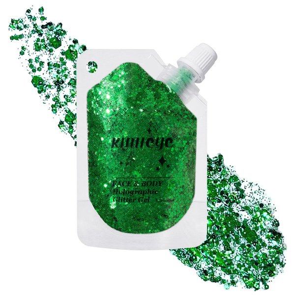 Holographic Face Glitter Gel Body Shimmer Makeup for for Hair, Face, Clavicle, Arm, Nail, Eyeshadow, Long Lasting Waterproof Party Glitter for St. Patrick's Day, 1.35oz (Grass Green #16)