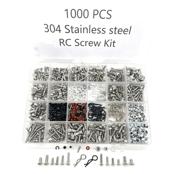 1000pcs Universal RC Screw Kit Screws Assortment Set Hardware Fasteners for Traxxas Axial Redcat HPI Arrma SCX10 Losi 1/8 1/10 1/12 1/16 Scale RC Cars Trucks Crawler, RC Screw Kit, Car Body Clips Pins