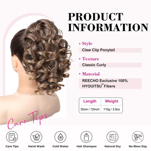 REECHO 12" Ponytail Extension, Classic Loose Curly Wavy Claw Clip Pony tails Hair Extensions Hairpieces for Women - Light Brown with Golden Ends