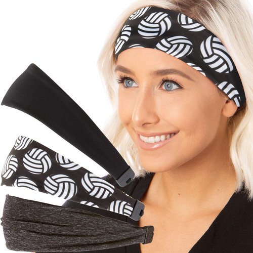 Hipsy Adjustable & Stretchy Xflex Band Wide Sports Headbands for Women Girls & Teens (Black/Volleyball/Charcoal Soft Xflex Band 3pk)