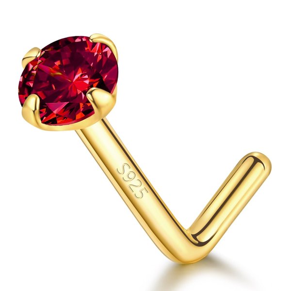 14k Gold Plated Sterling Silver L Shaped Nose Rings Studs for Women Men 20g, Small L Shape Nose Stud, 20 Gauge Nose Piercing Stud, Hypoallergenic Nose Nostril Piercing Jewelry (Gold - Red Garnet)
