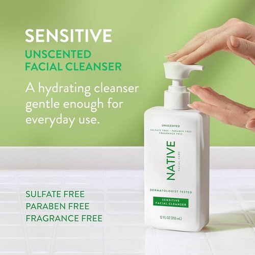 Native Sensitive Face Wash, Spa Day Every Day Facial Cleanswer (2 Pack) | Daily Face Cleanerwith Aloe and Vitamin B3, Unscented, 12 fl oz