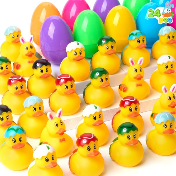 JOYIN 24 Pcs Prefilled Easter Eggs with Rubber Ducks, Variety Duckies for Easter Egg Hunt, Kids Basket Stuffer, Party Favor Decor Supply, Classroom Prize, Bath Toy