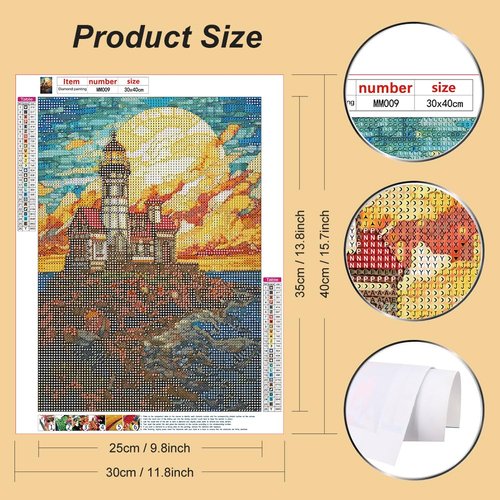 WSLWXSHM Diamond Painting Kits for Adults, Round Full Drill Diamond Art Kits, 5D DIY Paint with Diamonds Crafts for Home Wall Decoration Gifts 12×16Inch Stained Glass Lighthouse