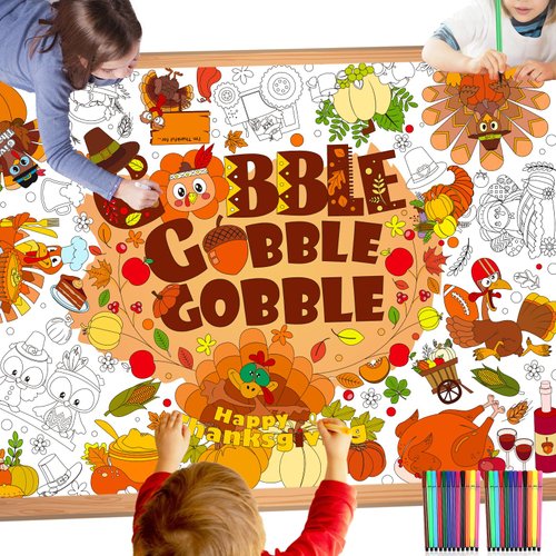 HOWAF Thanksgiving Gobble Gobble Gobble Coloring Poster with 24 Paint Pens, Thanksgiving Turkey Jumbo Paper Coloring Banner for Give Thanks Party Favors, Thankful Coloring Tablecloth for Kids
