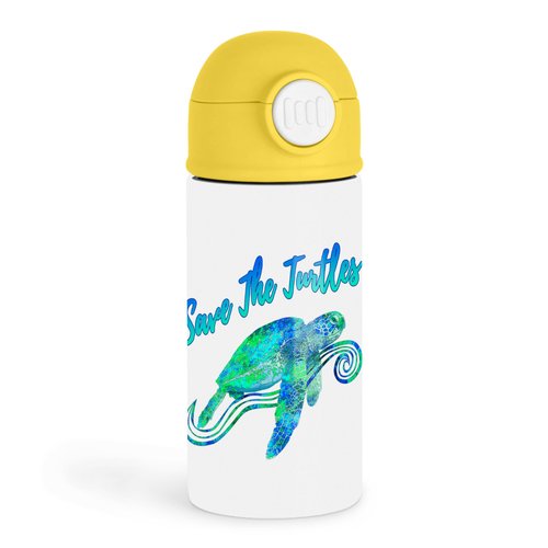 3dRose Inspirational Ocean Lovers 12oz Kids Yellow Bottle – “Save The Turtles” – Beach Day, Eco-Friendly Events