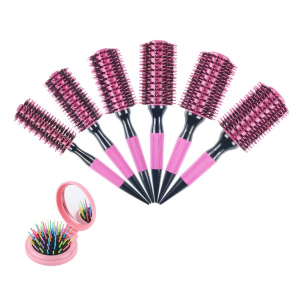Round Thermal Brush Comb Boar Bristles Round Barrel Hair Brush Set Professional Hair Styling Blow Drying Curling Brush Scalp Comb Hair Dry Wet Straight Brush for Women Men (Pink)