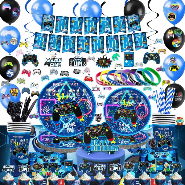 KOTLMIGHT Blue Gamer Birthday Party Decoration - 270Pcs Video Game Gaming Party Supplies For Boys Birthday Party - Table Cover, Plates, Cups, Napkins, Utensils, Stickers, Bracelets Serves 16 Guests