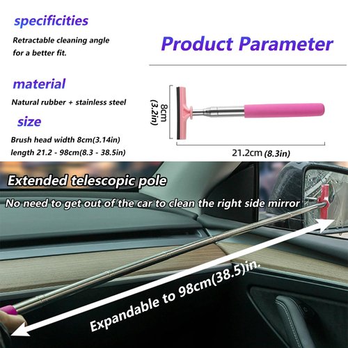 vvag Car Rearview Mirror Wiper, 8cm Brush head-98cm Telescopic Auto Mirror Squeegee, Water Cleaner with Telescopic Long Rod, Universal Automotive Accessories (Pink)