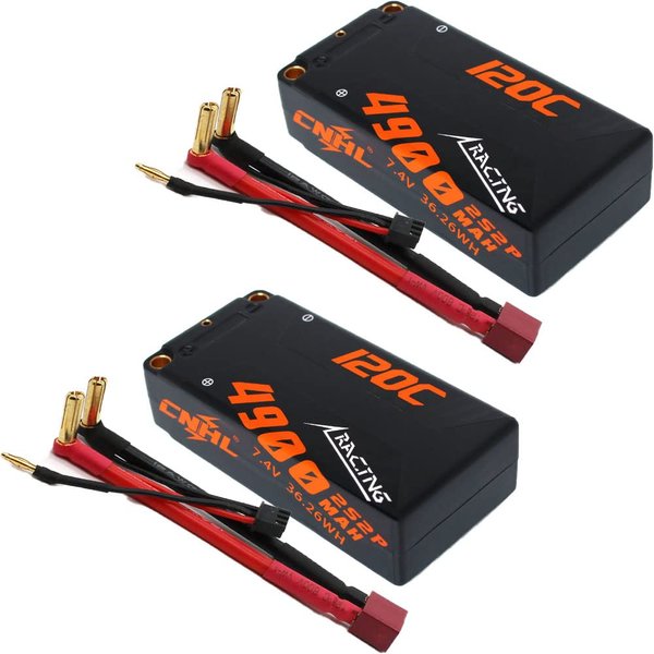CNHL 4900mAh 2s Shorty Lipo Battery 7.4V 120C Hard Case with 5mm T Deans Plug for Axial Capra,RC 1/10 Scale Vehicles Car Trucks Boats Enduro RB10 RC10(2 Packs)