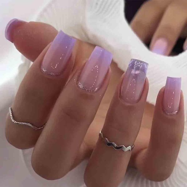 Foccna Purple Press on Nails Bling Fake Nails Square Cute Women's Bling False Nails Daily Wear Artificail Nails for Women and Girls-24Pcs