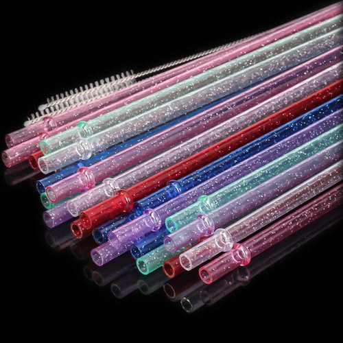 Ayoyo 24 Pcs 11 Inch Reusable Plastic Straws Glitter Party Wedding Holiday Drinking Straw for Tumbler 2 Cleaning Brush Include