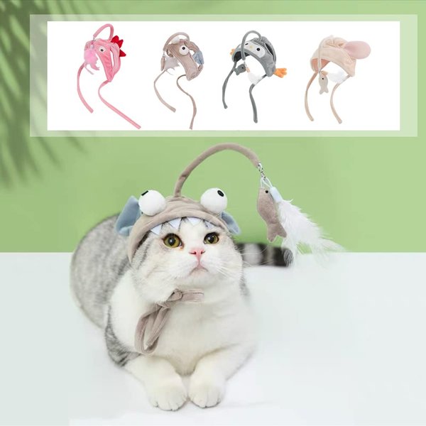 Piowet Head Mounted Cat Headgear Self Service Cat hat Feather Toy Cat Toys Interactive Cat Toys cat Head Adjustable Size (Grey Bigeye Fish)