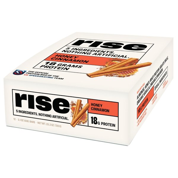 Rise Whey Protein Bar, Honey Cinnamon, Healthy Breakfast Snack Bar, 18g Protein Bar 3g Dietary Fiber, 4 Natural Whole Food Ingredients, Simplest Non-GMO, Gluten Free, Soy Free Bar, 12 Pack