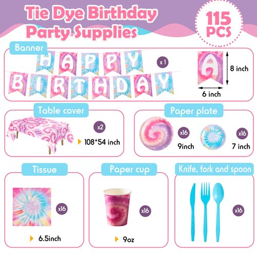 Zonon Tie Dye Birthday Party Decorations, Colorful Birthday Party Supplies Include Tie Dye Tablecloth, Plates and Napkins, Cups, Banner for Birthday Party Decorations(Vintage Style)