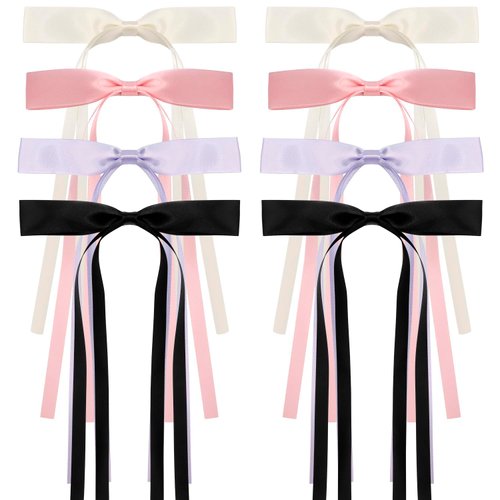 Atoden Hair Bows Hair Ribbon Tassel Bow Hair Clips 8 Pcs Coquette Bows Silky Satin Long Tail Bowknot Hair Clips Alligator Clips Cute Hair Accessories for Women Girls Gifts Black Beige Pink Purple