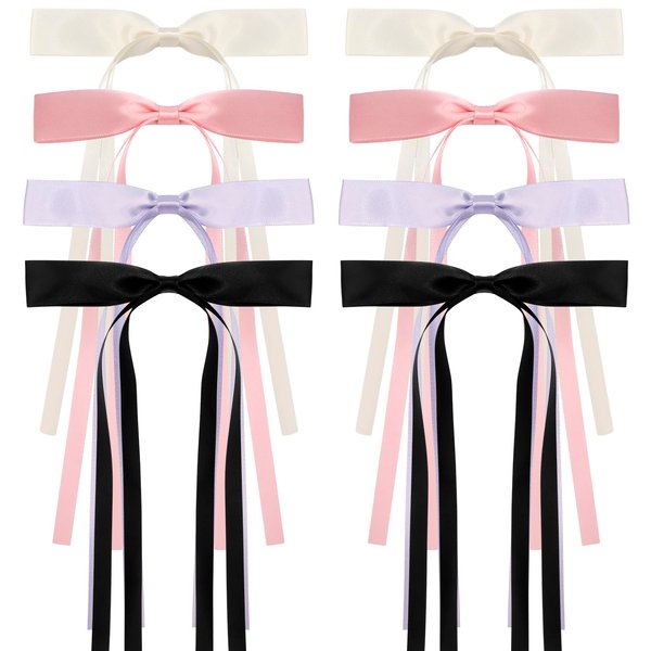 Atoden Hair Bows Hair Ribbon Tassel Bow Hair Clips 8 Pcs Coquette Bows Silky Satin Long Tail Bowknot Hair Clips Alligator Clips Cute Hair Accessories for Women Girls Gifts Black Beige Pink Purple