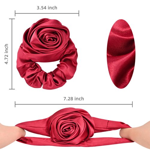 Yonchic 3-Piece Rose Satin Silk Scrunchies, Flower Elastics Hair Tie for Women Jewelry Rubber Band Ponytail Holders for Girls, Hair Accessories (Red, Black)