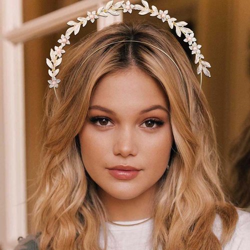 Woeoe FLower Pearls Crown Headband Gold Leaves Hair Band FLoral Double Tiara Headdress for Bride Bridesmaids Wedding Party