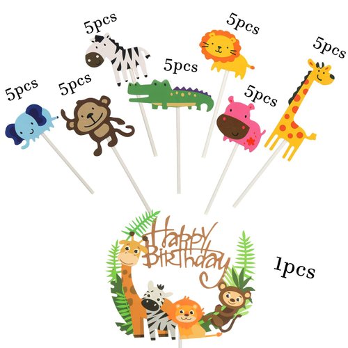 FOIMAS 36pcs Safari Animal Cake Toppers,Jungle Animal Birthday Cupcake Topper Banner for Kids Birthday Party Baby Shower Decoration Supply