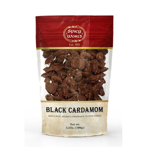 Black Cardamom Pods 3.5 Oz Bag (100gm) | Whole Kali Elaichi Indian Spice by Spicy World