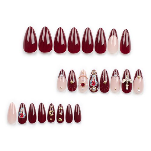 Almond Press on Nails French Tip Fake Nails Gold Glue on Nails Medium False Nails with Charms Cross 3D Nail Gems Rhinestones Peal Moon Nail Gems Design Red Nails Press on Acrylic Nails for Women Girls