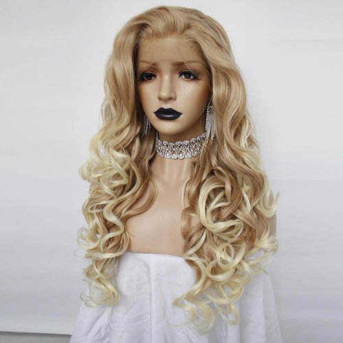 Anogol Hair Cap+Blonde Lace Front Wig for White Women Blond Ombre Lace Front Wig with Long Curly Lace Front Wigs Synthetic Hair for Party
