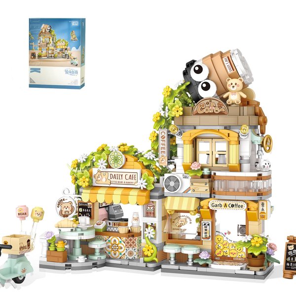 Mini Building Blocks Set - 1077 Pieces Creative Chinese Street View, Openable Coffee Shop Mini Bricks Building Set for Adult Boys Girls Age 6+(Cafe)